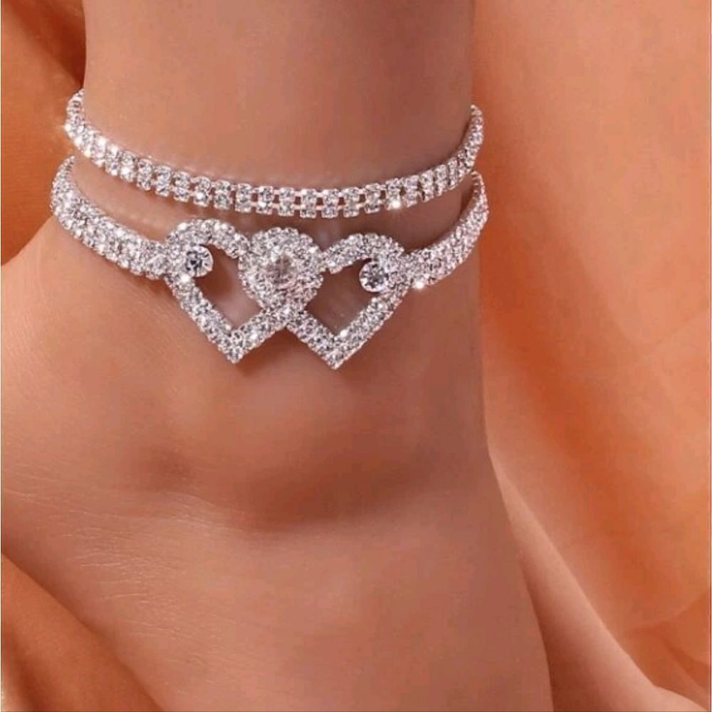 Crystal Silver Layered Heart Anklet